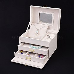 PU Leather Jewelry Organizer Box, with Wood Inside Box & Mirror, Portable Jewelry Storage Case, for Ring, Earrings and Necklace, Rectangle, White, 15x12.5x12.5cm(CON-P012-04A)