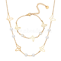 Stainless Steel Butterfly Jewelry Set, Pendnat Necklace & Link Bracelet with Plastic Pearl Beaded, Golden, 16.34 inch(41.5cm), 8-7/8 inch(22.5cm)(SJEW-AN0001-55)