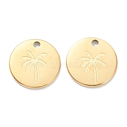 Ion Plating(IP) 304 Stainless Steel Charms, Flat Round with Coconut Tree, Real 18K Gold Plated, 11.5x1mm, Hole: 1.5mm(STAS-P280-10G)