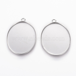 304 Stainless Steel Pendant Cabochon Settings, Plain Edge Bezel Cups, Oval, Stainless Steel Color, Tray: 35x25mm, 39.5x25.5x1.5mm, Hole: 2.5mm(STAS-L195-10A)