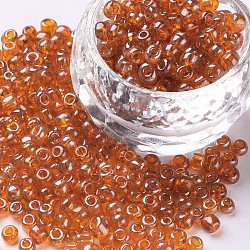 Glass Seed Beads, Trans. Colours Lustered, Round, Orange, 4mm, Hole: 1.5mm, about 500pcs/50g, 50g/bag, 18bags/2pounds(SEED-US0003-4mm-109)