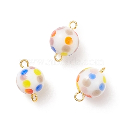 Handmade Lampwork Connector Charms, with Brass Double Loops, Round with Colorful Polka Dot Pattern, Golden, 15x10~10.5mm, Hole: 1.8~2mm(PALLOY-JF01533)