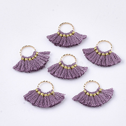 Polycotton(Polyester Cotton) Tassel Pendants Decorations, with Brass Findings, Fan Shape, Golden, Old Rose, 14~15x20~22x1.5mm, Hole: 7mm(FIND-S302-11Z)