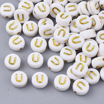 Plating Acrylic Beads, Golden Metal Enlaced, Horizontal Hole, Flat Round with Alphabet, White, Letter.U, 7x3.5mm, Hole: 1.2mm, about 3600pcs/500g