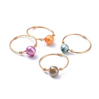 Dyed Natural Freshwater Pearl Rings, with Eco-Friendly Copper Wire, Golden, Mixed Color, 20mm, 1~1.5mm