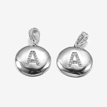 Brass Pendants, with Cubic Zirconia, Cadmium Free & Lead Free, Flat Round with Letter, Platinum, Letter.A, 22mm, Hole: 2x3mm, Pendant: 15x3mm