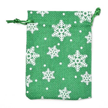 Christmas Themed Burlap Packing Pouches, Drawstring Bags, with Snowflake Pattern, Green, 14.5x10.1x0.3cm