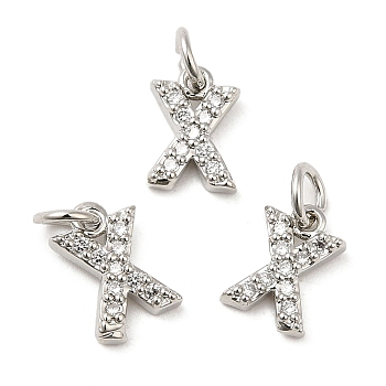 Brass Micro Pave Grade AAA Cubic Zirconia Charms, Letter X, Cadmium Free & Nickel Free & Lead Free, Real Platinum Plated, 8x6x1.5mm, Hole: 2mm