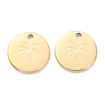 304 Stainless Steel Charms, Flat Round with Coconut Tree, Real 18K Gold Plated, 11.5x1mm, Hole: 1.5mm