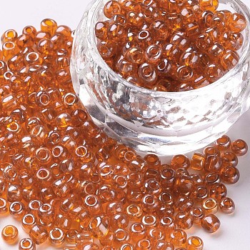 Glass Seed Beads, Trans. Colours Lustered, Round, Orange, 4mm, Hole: 1.5mm, about 500pcs/50g, 50g/bag, 18bags/2pounds