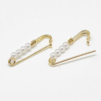 Brass Safety Pins, with ABS Plastic Imitation Pearl Beads, Real 18K Gold Plated, 24x8x3mm, Hole: 2mm, Pin: 0.7mm