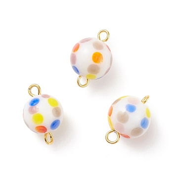Handmade Lampwork Connector Charms, with Brass Double Loops, Round with Colorful Polka Dot Pattern, Golden, 15x10~10.5mm, Hole: 1.8~2mm
