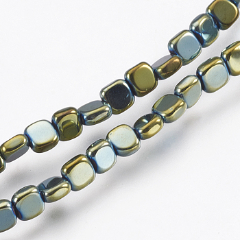 Electroplate Non-magnetic Synthetic Hematite Beads Strands, Long-Lasting Plated, Square, Green Plated, 4x4x2mm, Hole: 0.7mm, about 101pcs/strand, 15.34 inch(39cm)
