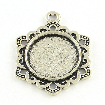 Tibetan Style Alloy Hexagon Pendant Cabochon Settings, Cadmium Free & Lead Free, Antique Silver, Flat Round Tray: 16mm, 30.5x23.5x3mm, Hole: 2.5mm, about 104pcs/334g