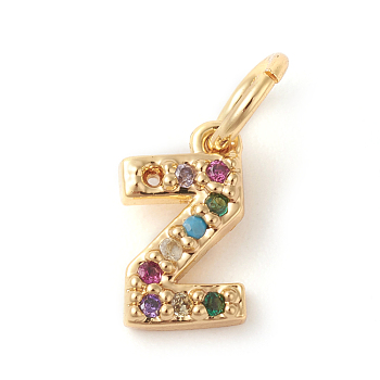 Brass Micro Pave Colorful Cubic Zirconia Charms, Golden, Letter.Z, 8.5x5x2mm, Hole: 3mm