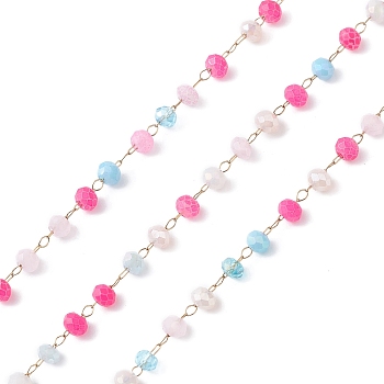 Handmade Glass Beaded Chains, Faceted, Unwelded, with 304 Stainless Steel Chains, Golden, Round, Deep Pink, 3x2.5mm