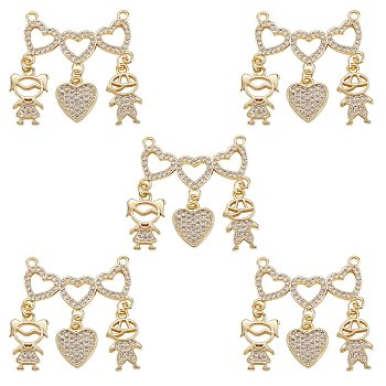 5Pcs Valentine's Day Theme Brass Micro Pave Clear Cubic Zirconia Pendants, Nickel Free, Heart with Couple, Real 18K Gold Plated, 27x25x2mm, Hole: 1.5mm