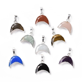 Natural Gemstone Pendants, with Platinum Tone Brass Findings, Cadmium Free & Lead Free, Faceted, Moon, Mixed Dyed and Undyed, 24mm, Moon: 17x18x5.5mm, Hole: 4.5x7mm