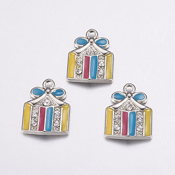 Alloy Enamel Pendants, Cadmium Free & Lead Free, with Rhinestone,  for Christmas, Platinum, Colorful, about 14mm wide, 19mm long, 2mm thick, hole: 2mm
