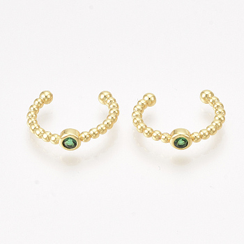 Brass Cubic Zirconia Cuff Earrings, Golden, Green, 12x3.5mm