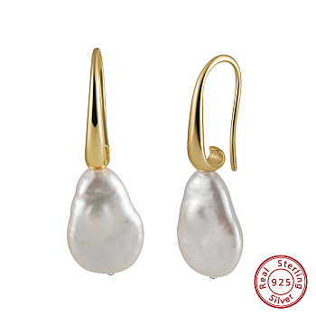 925 Sterling Silver Dangle Earrings, with Teardrop Natural Baroque Pearl, Real 14K Gold Plated, 11x32mm