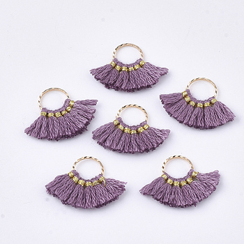 Polycotton(Polyester Cotton) Tassel Pendants Decorations, with Brass Findings, Fan Shape, Golden, Old Rose, 14~15x20~22x1.5mm, Hole: 7mm