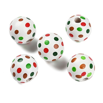 Christmas Printed Schima Wood European Beads, White, Round, 16x15mm, Hole: 4mm