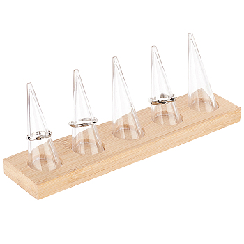 5Pcs Clear Plastic Cone Ring Display Holders, with Bamboo Base, Rectangle, Wheat, Finish Product: 20x4.5x7cm, Cone: 60x24~25.5mm, Inner Diameter: 18mm, about 6pcs/set