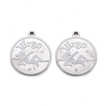 201 Stainless Steel Pendants, Flat Round with Twelve Constellation, Laser Cut, Stainless Steel Color, Virgo, 25x22x1.5mm, Hole: 2mm