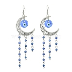 Tibetan Style Alloy Crescent Moon Chandelier Earrings, Evil Eye Lampwork Evil Eye Tassel Earrings, Antique Silver, 125x24mm(EJEW-JE05515)