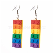 Toy Bricks Style Rainbow Opaque Acrylic Dangle Earring, with Platinum Plated Iron Earring Hooks, Colorful, 74mm, Pin: 0.8mm(EJEW-JE04543)