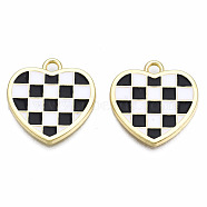 Rack Plating Alloy Checkerboard Pendants, with Enamel, Cadmium Free & Lead Free, Light Gold, Heart with Grid Pattern, Black, 18.5x18x2mm, Hole: 2mm(PALLOY-S132-257A-RS)