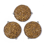 Polymer Clay Rhinestone Links connectors, with PU Leather and Gunmetal Plated Iron Loop, Flat Round, Light Topaz, 41~43.5x37x7.5~10mm, Hole: 2mm(RB-T013-08B)