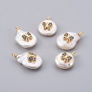 Natural Cultured Freshwater Pearl Pendants, with Cubic Zirconia and Brass Findings, Long-Lasting Plated, Butterfly, Real 18K Gold Plated, 14~24x9~16x5~9mm, Hole: 1.5mm(PEAR-F008-02G)