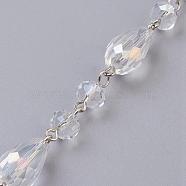 Handmade Faceted Glass Beaded Chains, Unwelded, with Iron Eye Pin, Platinum, Clear, 39.37 inch, 1m/strand(AJEW-JB00327-01)