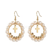 Pearl Beads Brass Dangle Earrings, Oval with Cross, White, 47mm, Pin: 0.7mm(EJEW-JE04568-02)
