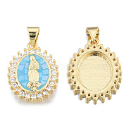 Brass Micro Pave Clear Cubic Zirconia Pendants, with Enamel and Shell, Real 18K Gold Plated, Nickel Free, Oval with Virgin Mary, Light Sky Blue, 19.5x14.5x4mm, Hole: 3x4mm(KK-N227-92B)