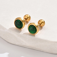 Real 18K Gold Plated 304 Stainless Steel Flat Round Stud Earrings, with Plastic, Green, 8mm(ZB4928-3)