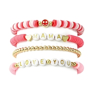 4Pcs 4 Style Mother's Day Theme Polymer Clay Heishi Surfer Stretch Bracelets Set, Smiling Face & Word Acrylic Beaded Stackable Bracelets for Women, Red, Inner Diameter: 2-1/4 inch(5.6cm), 1Pc/style(BJEW-TA00360)