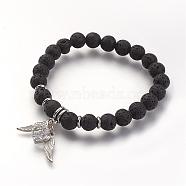Natural Lava Rock Beads Stretch Bracelets, with Alloy Pendants, Black, 2 inch(53mm)(BJEW-JB02712)