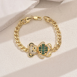 Brass Micro Pave Cubic Zirconia Link Bracelets, Cuban Link Chain Jewelry for Women, Bear, with Alloy Findings, Golden, Green, Inner Diameter: 7-7/8 inch(20cm)(LX2586-3)