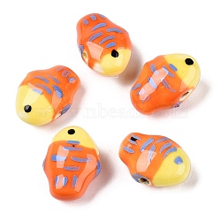 Handmade Printed Porcelain Beads Strand, Fish, Dark Orange, 13x18x9mm, Hole: 1.6mm, about 24~25pcs/strand, 11.81''(30~31.5cm)(PORC-T133-02E)