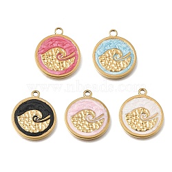 304 Stainless Steel Pendants, with Enamel, Flat Round & Sea Wave Charms, Real 18K Gold Plated, Ion Plating(IP), Mixed Color, 24x20.5x2mm, Hole: 2mm(STAS-N108-84G)