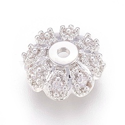 Multi-Petal Brass Micro Pave Cubic Zirconia Bead Caps, Flower, Clear, Real Platinum Plated, 10x4mm, Hole: 1.2mm(X-ZIRC-F088-038P)