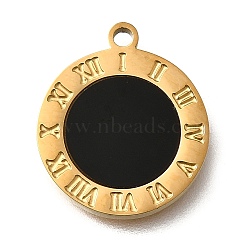 304 Stainless Steel Roman Numbers Flat Round Charms, with Plastic Imitation Shell, Ion Plating(IP), Golden, Black, 17x15x1.5mm, Hole: 1.6mm(STAS-Q348-24G)