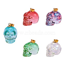 5Pcs 5 Color Electroplate K9 Glass Pendants, with Golden Plated Brass Bails, Crackle, Skull, Halloween, Mixed Color, 25x26~27x19mm, Hole: 5x3mm, 1pc/color(EGLA-SZ0001-34)