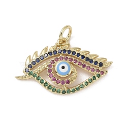 Real 18K Gold Plated Brass Micro Pave Cubic Zirconia Pendants, with Enamel and Jump Ring, Evil Eye Charms, Light Blue, 15x25x4mm, Hole: 3.4mm(KK-L209-070G-03)