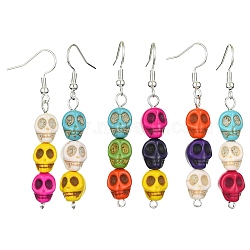 Dyed Synthetic Turquoise Dangle Earrings, Skull, 55x8.5mm(EJEW-JE05376-01)