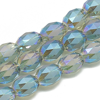 Electroplate Glass Beads Strands, Rainbow Plated, Half Frosted Style, Faceted Oval, Deep Sky Blue, 12~13.5x10mm, Hole: 1.4mm, about 50pcs/strand, 24.4 inch