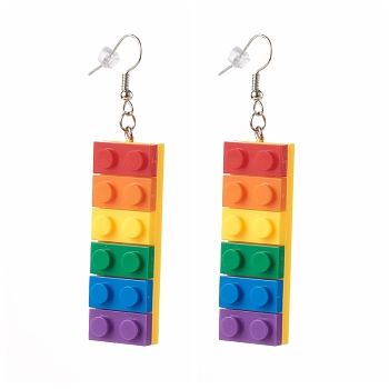 Toy Bricks Style Rainbow Opaque Acrylic Dangle Earring, with Platinum Plated Iron Earring Hooks, Colorful, 74mm, Pin: 0.8mm